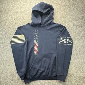 Grunt Style Hoodie Mens Medium Blue USA Flag Graphic Pullover Fleece Patriotic